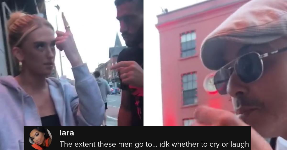 Frau gibt vor, taub zu sein, um zu trollen. Zwei Männer belästigen sie auf der Straße