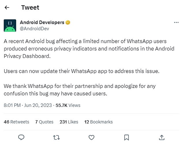 Über seinen Android Developers-Twitter-Account behauptet Google nun, dass ein WhatsApp-bezogener Fehler einfach „falsche Datenschutzindikatoren und Benachrichtigungen“ für Android-Benutzer erzeugt habe.  Zumindest nach Angaben des Unternehmens kam es zu keinem tatsächlichen unbefugten Zugriff auf Telefonmikrofone