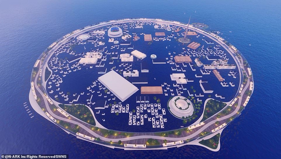 Japanische Designer bereiten sich auf den Anstieg des Meeresspiegels vor – indem sie Pläne für eine riesige schwimmende Stadt namens Dogen City schmieden (siehe Abbildung oben).