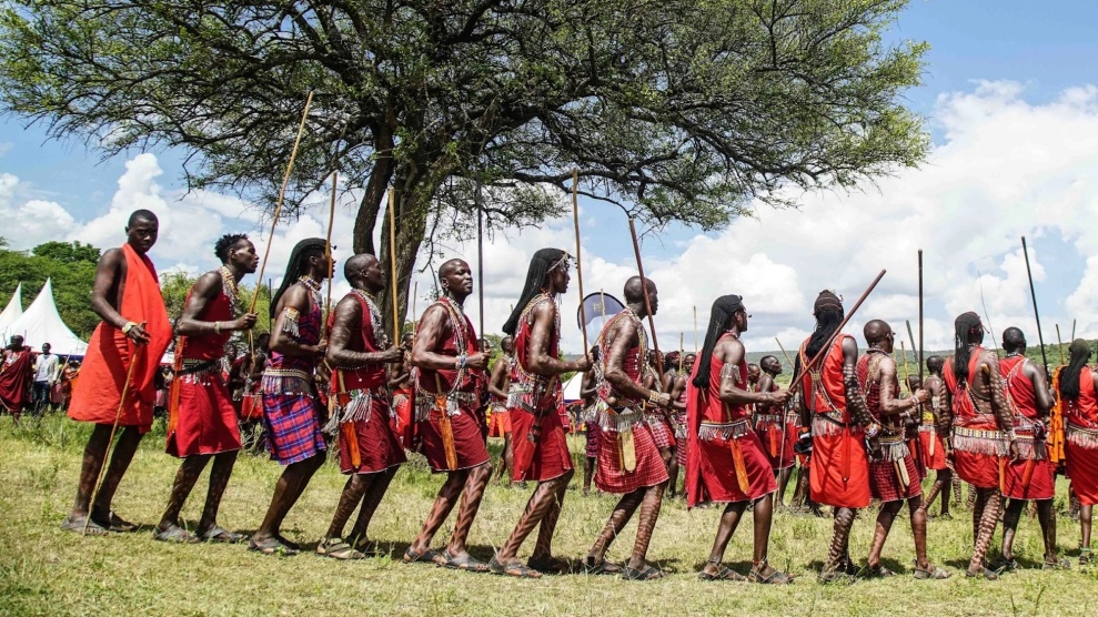 Massai-Leute, die schwarz sind, in Rot gekleidet, in der Nähe eines Baumes