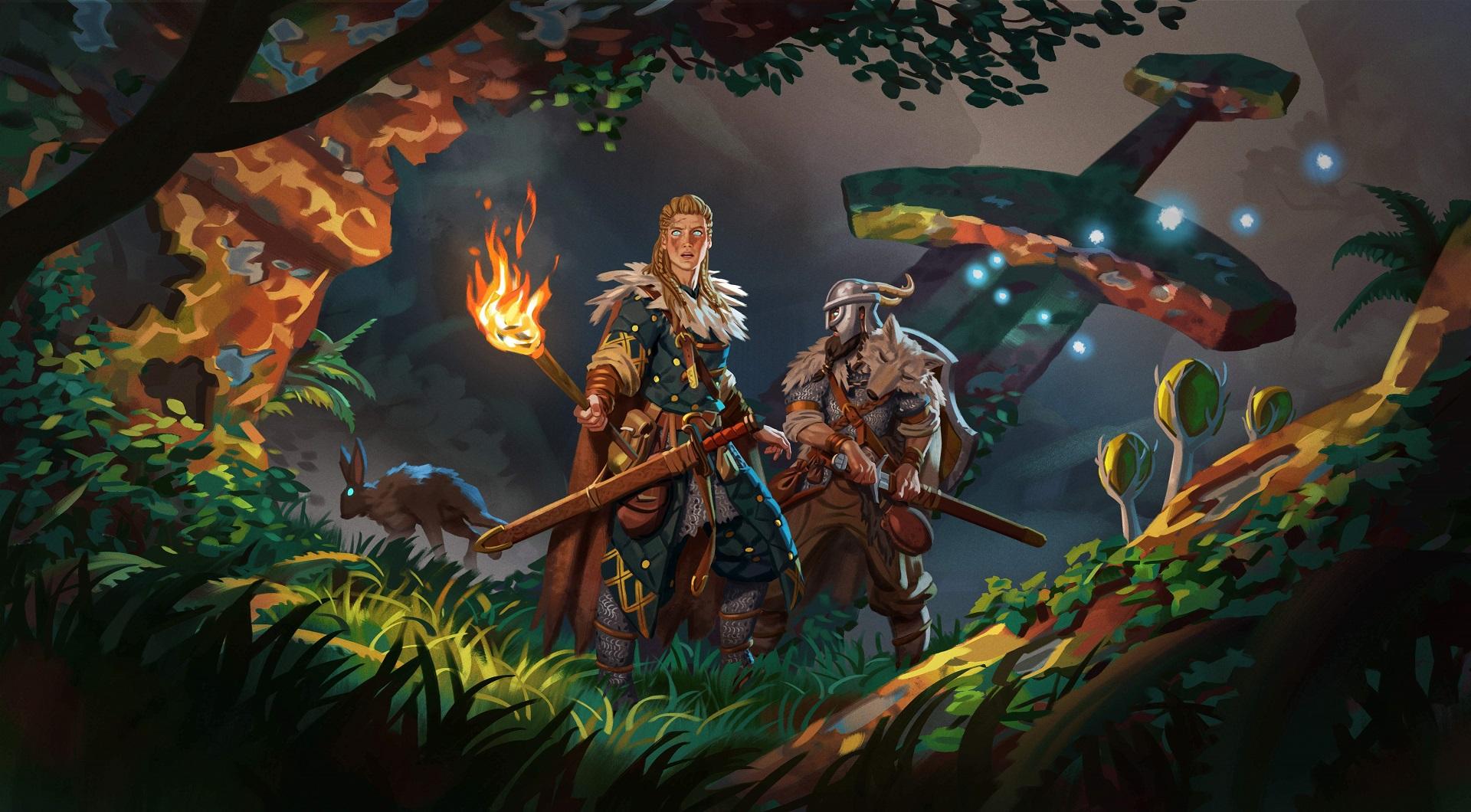 „Valheim“-Werbegrafik, die zwei Charaktere zeigt, die einen dunklen Wald erkunden.
