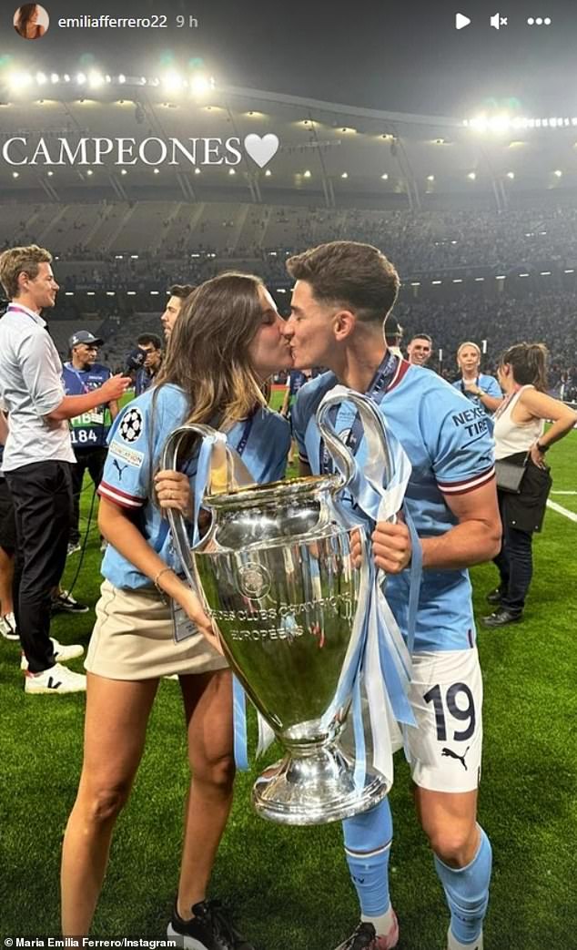 Leading the joyful posts was Julian Alvarez's glamorous girlfriend Maria Emilia Ferrero (pictured), 22, who declared her love for her player beau on her social media page