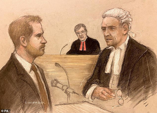 The Duke of Sussex being cross examined by Andrew Green KC, as he gives evidence at the Rolls Buildings in central London during the phone hacking trial against Mirror Group Newspapers (MGN)