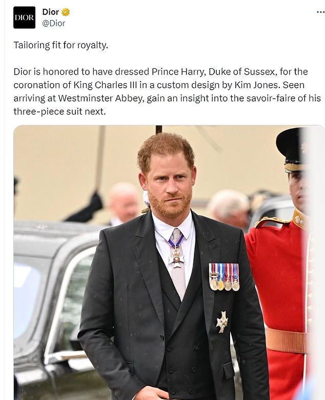 Harry wears Dior for his father the King's Coronation, which was then promoted by the fashion house on social media