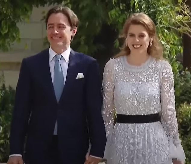 Princess Beatrice was effortlessly glamorous in a shimmering sequined gown as she arrived at Crown Prince Hussein's lavish wedding to Rajwa Al-Saif in Jordan
