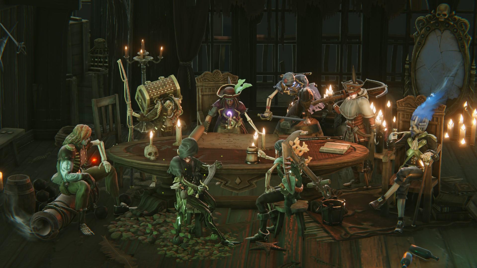 „Shadow Gambit: The Cursed Crew“-Charaktere sitzen um einen runden Tisch.