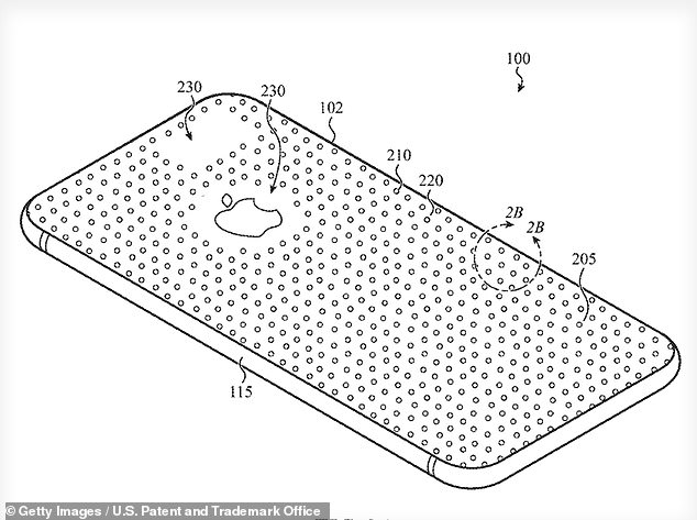 Ein Gürtel aus sehr feinen, aber haltbaren Mikrokügelchen, die laut dem neuen Patent jeweils bis zu 5 Millimeter groß sein könnten, ragt aus der Rückseite des iPhones heraus und schützt das weichere Gehäuse