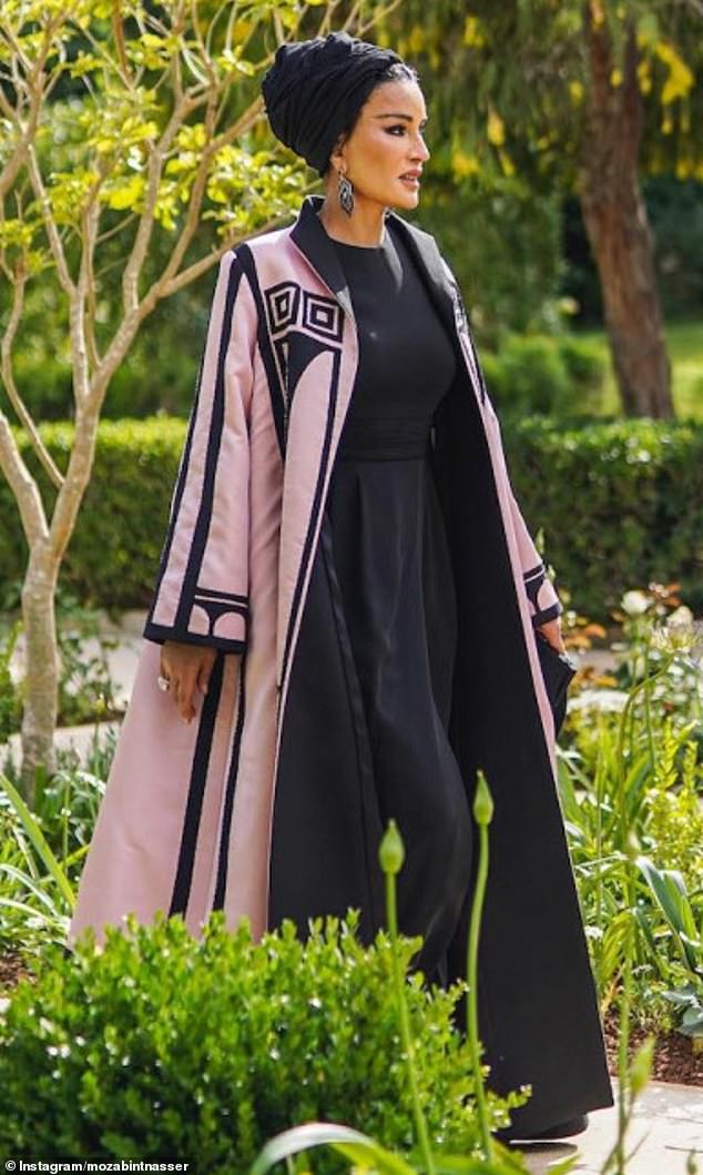 Thanks to her fashion prowess, Sheikha Moza - the mother of Qatar's current emir - has been described as 'among the most elegant women in the world'. Pictured, at the wedding ceremony of Crown Prince Hussein of Jordan and Rajwa Al Saif on June 1