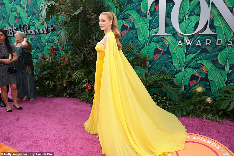 Beauty: Jessica looked incredible in a sunshine yellow frock that featured a bodice and maxi skirt; the dress was two different shades of yellow along the torso and skirt