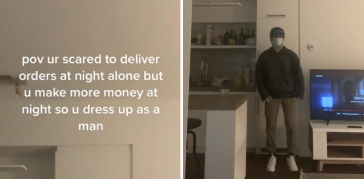 TikTok-Erfinder @tiazakher erzählt auf TikTok, wie er sich als Mann verkleidet, um Nachtlieferungen bei Uber Eats zu erledigen