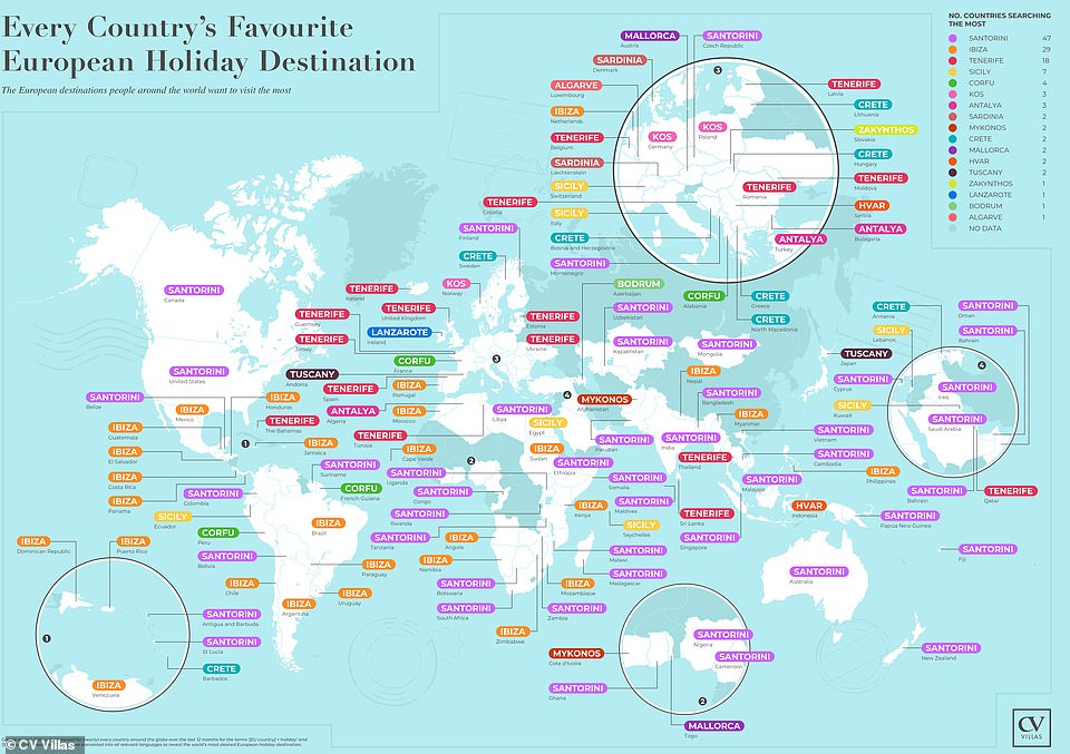 Eine faszinierend überarbeitete Weltkarte zeigt die europäischen Urlaubsziele, die weltweit am beliebtesten sind – und es ist die griechische Insel Santorini auf Platz 1, gefolgt von der Mittelmeerinsel Ibiza auf Platz zwei und der spanischen Kanareninsel Teneriffa auf Platz drei