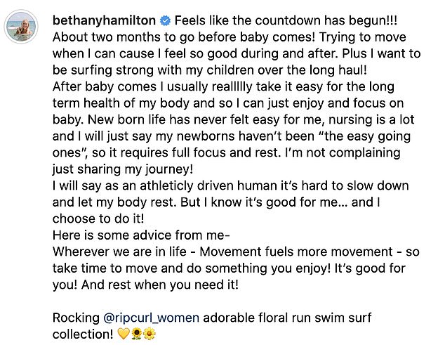Update: Als Bethany ihren 2,1 Millionen Followern in der Bildunterschrift das Schwangerschafts-Update gab, erklärte sie, dass sie vor der Geburt Sport treibt, bevor sie sich eine Auszeit nimmt