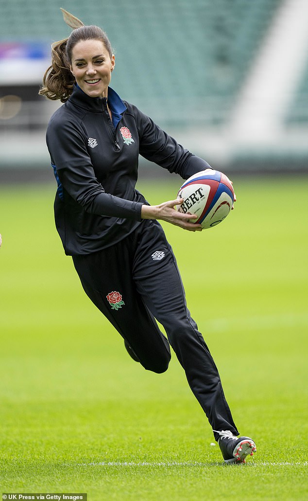 Pictured in February 2022 during a visit to Twickenham stadium where she met with the England's team players