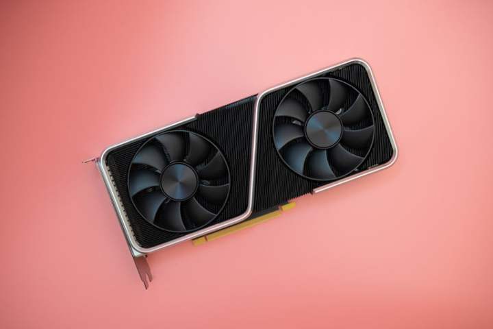 Nvidia RTX 3060 Ti Founders Edition auf rosa Hintergrund.