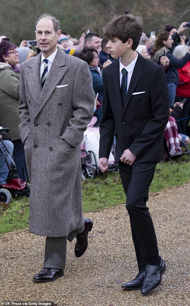 Prince Edward and his son James Viscount Severn attend the Christmas Day service at St Mary Magdalene Church on December 25, 2022