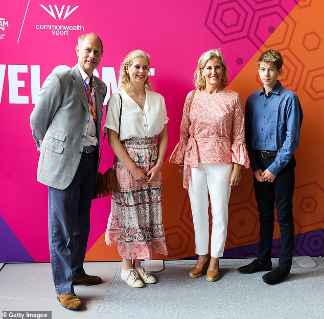 It is not known whether James has strong academic aptitude, but his mother Sophie has suggested he doesn't, previously saying she doesn't know if he will go to university (pictured L-R: Prince Edward, Lady Louise, Sophie, Duchess of Kent, James)