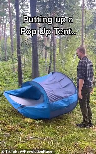 Während es für einen Mann einfach war, sein Pop-up-Zelt aufzubauen, erwies es sich als nahezu unmöglich, es wegzuräumen
