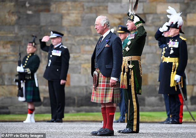 A Guard of Honour was formed by members of Royal Company of Archers. Pictured, Charles at the event