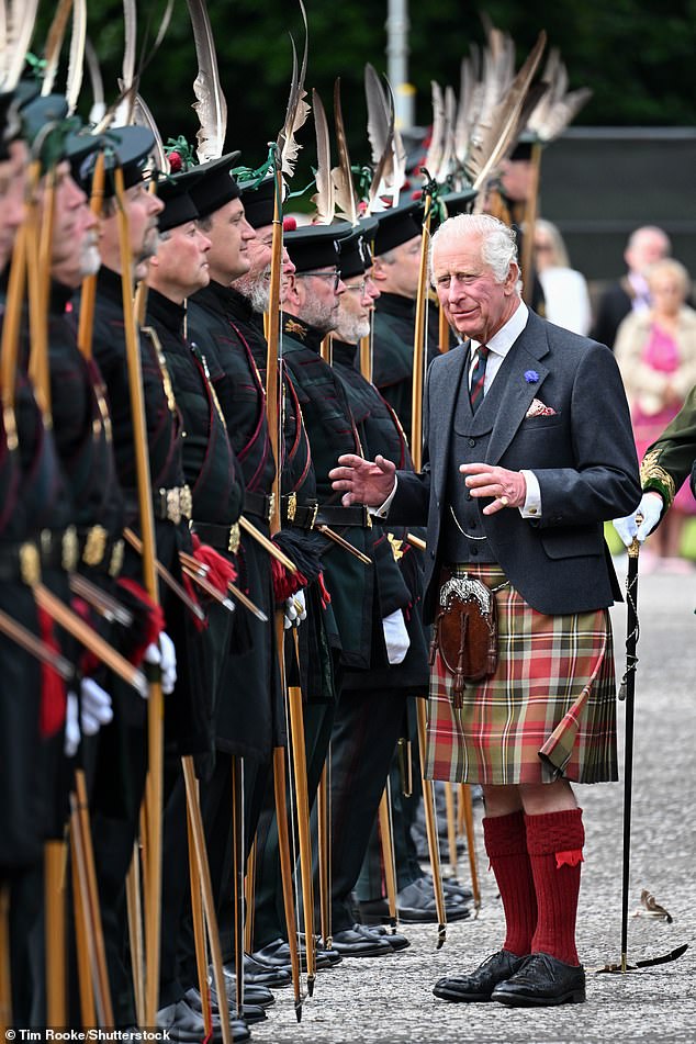 King Charles (pictured right) was dressed in a traditional tartan kilt and sporran for today's outing