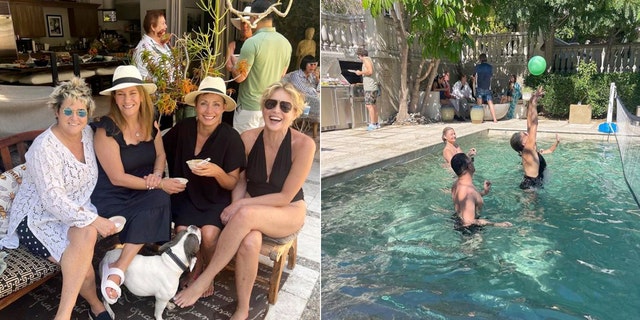 Sharon Stone lounging poolside with friends split with her playing volleyball