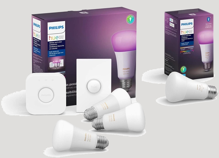 Philips Hue White and Color LED Smart Button Starter Kit mit Philips Hue White and Color Ambiance A19 LED Smart Bulb.