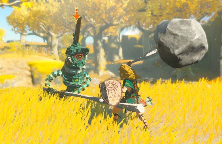 In The Legend of Zelda: Tears of the Kingdom bekämpft Link ein Konstrukt mit einer verschmolzenen Waffe.