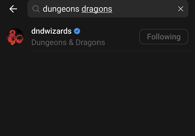 DailyMail.com testete die aktuelle Suchfunktion, indem es nach „Dungeons and Dragons“ suchte, was enttäuschenderweise den offiziellen Account der Marke und keinen verwandten Inhalt anzeigte