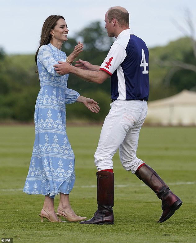While William's hunched shoulders suggest he's relaxed about the encounter, he opts for formal air kissing rather than a warmer embrace, suggesting he's still self-conscious about PDAs, says body language expert Judi James