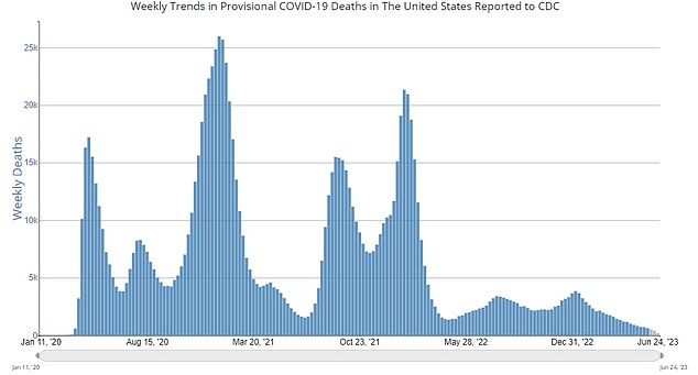 Diese Grafik zeigt die Todesfälle im Zusammenhang mit Covid nach Bundesstaaten seit März 2020. Diese sind nun auf ein Rekordtief gesunken