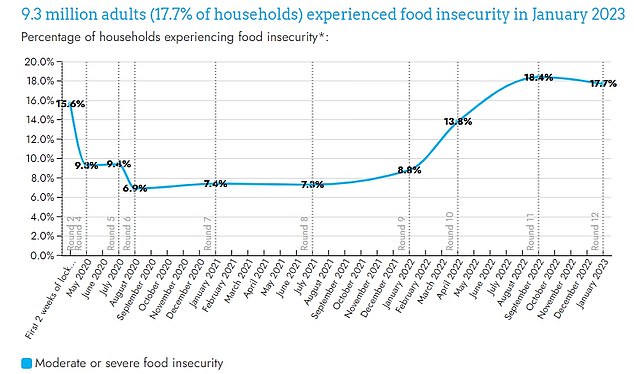 Daten der Food Foundation zeigen, dass im Januar 2023 9,3 Millionen Haushalte im Vereinigten Königreich – fast jeder fünfte – von Ernährungsunsicherheit betroffen waren