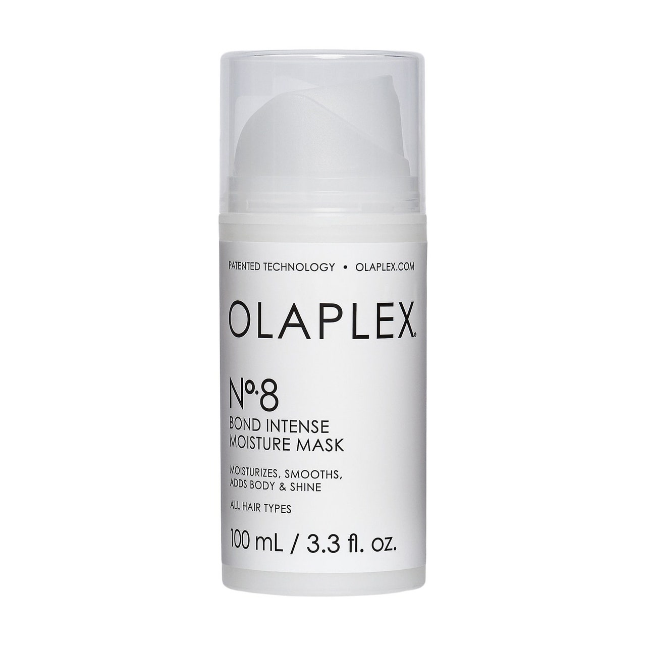Olaplex No.8 Bond Intense Moisture Mask, gedrungene weiße Flasche auf weißem Hintergrund