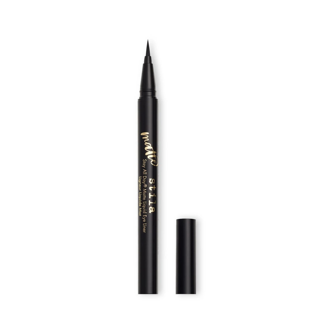 Stila Cosmetics Stay All Day Matte Liquid Eyeliner schwarzer flüssiger Eyeliner-Stift mit seitlicher Kappe auf weißem Hintergrund
