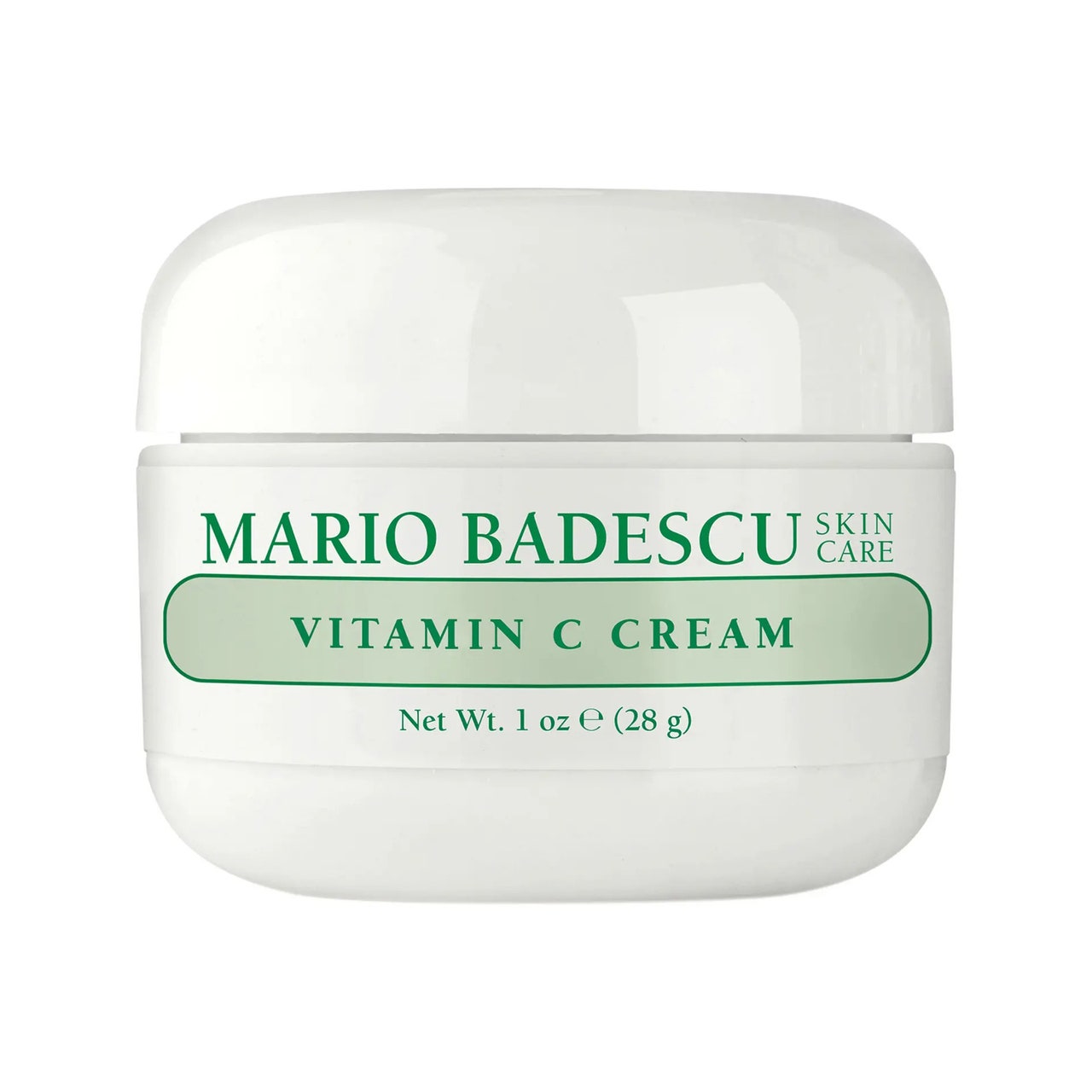 Mario Badescu Vitamin C Cream abgerundetes weißes Glas auf weißem Hintergrund