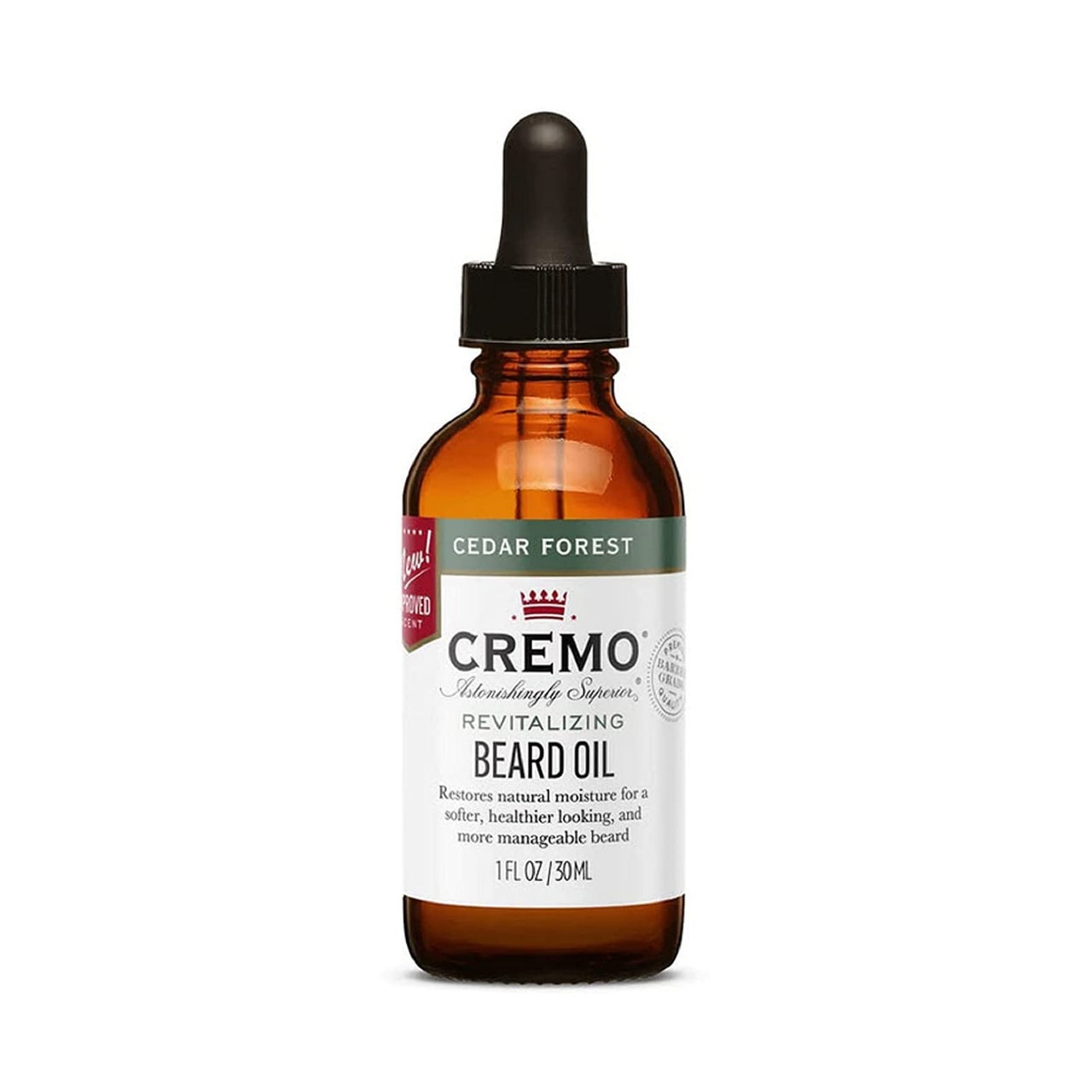 Cremo Beard Oil braune Serumflasche mit weißem Etikett und schwarzem Tropfverschluss auf weißem Hintergrund