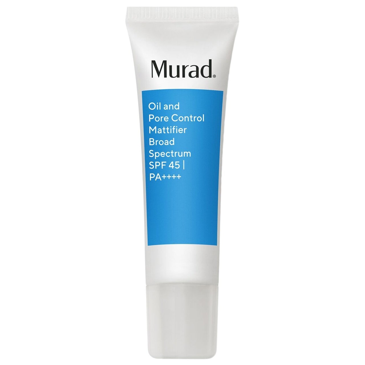 Murad Oil and Pore Control Mattifier Broad Spectrum SPF 45 PA+++++, weiße Tube mit blauem rechteckigem Etikett auf weißem Hintergrund
