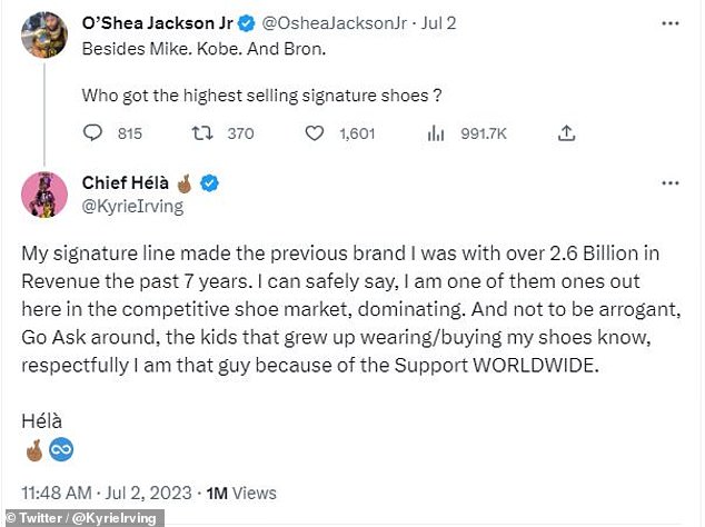 Anfang des Monats behauptete Irving, dass seine alte Schuhlinie mit Nike einen Umsatz von 2,6 Milliarden US-Dollar erwirtschaftete