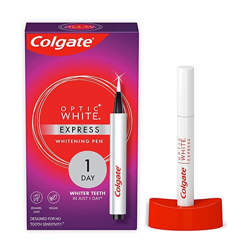 Der Colgate Optic White Express Zahnaufhellungsstift auf weißem Hintergrund
