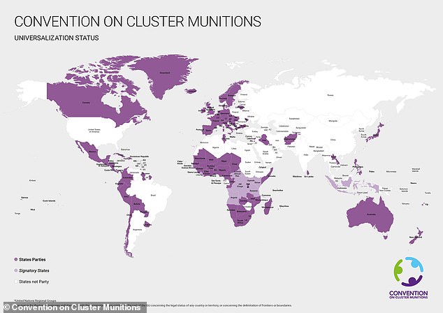 The countries shown in white have not signed the convention banning the production and use of cluster bombs