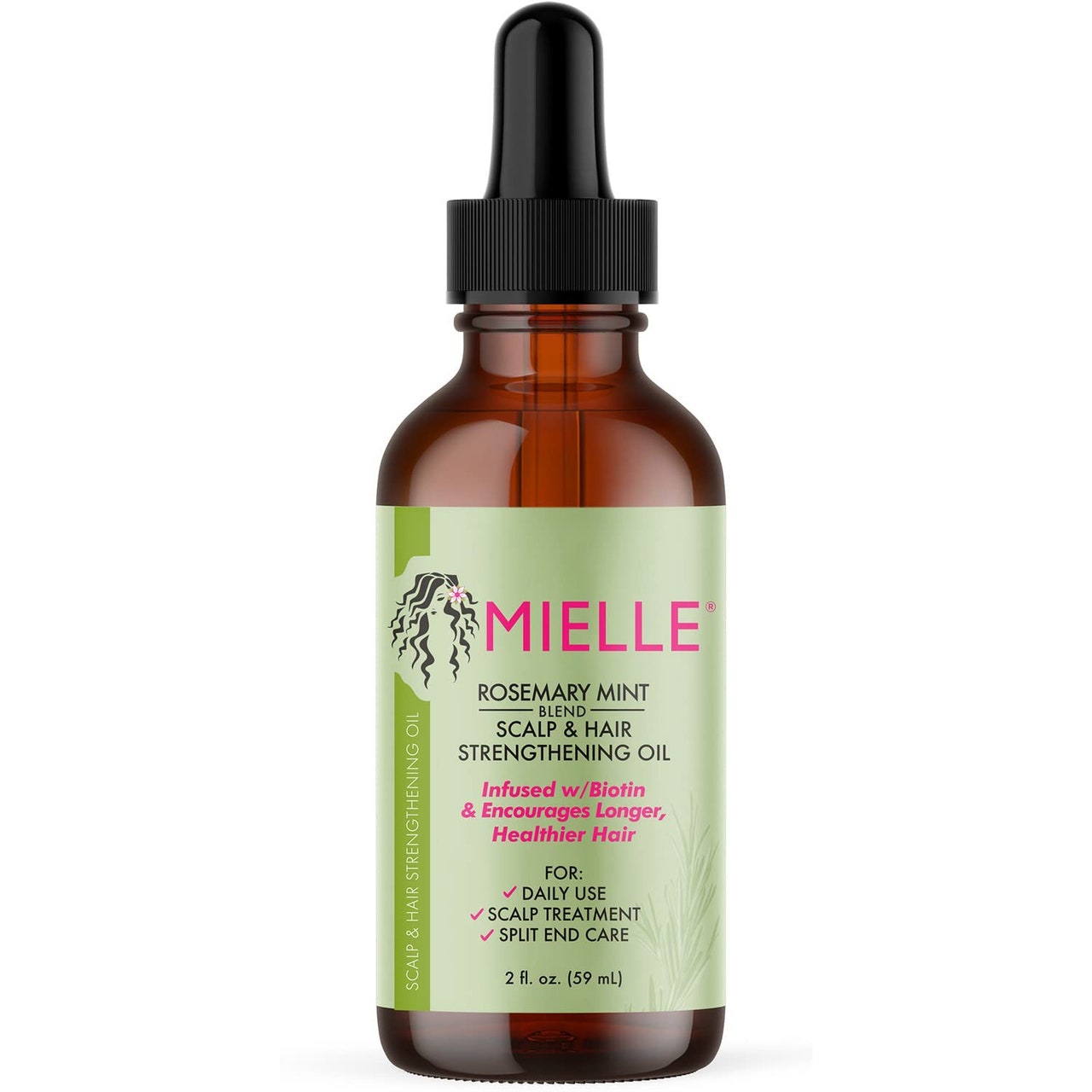 Mielle Organics Rosemary Mint Scalp & Hair Strengthening Oil, braune Serumflasche mit grünem Etikett auf weißem Hintergrund