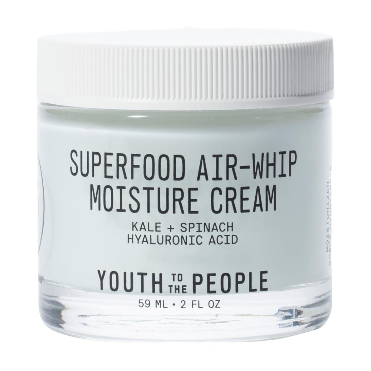 Youth to the People Superfood Air-Whip Moisture Cream, klares Glas Minz-Feuchtigkeitscreme mit weißem Deckel auf weißem Hintergrund