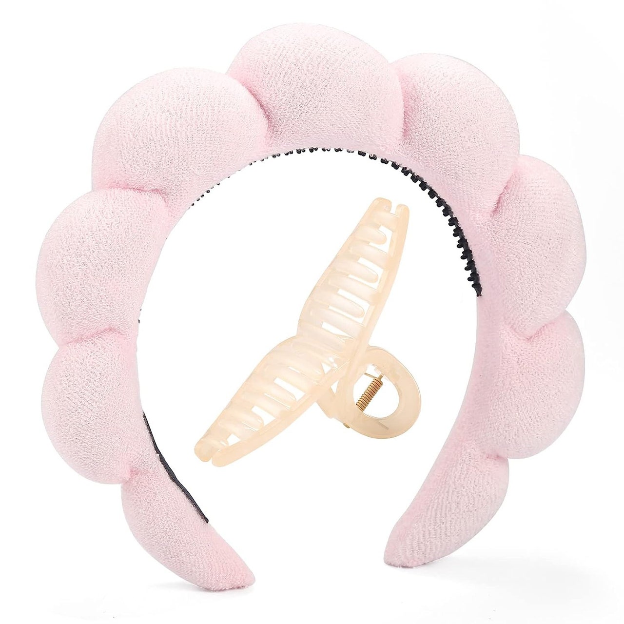 BESTOOL Spa Stirnband, rosa Stirnband und Krallenclip auf weißem Hintergrund
