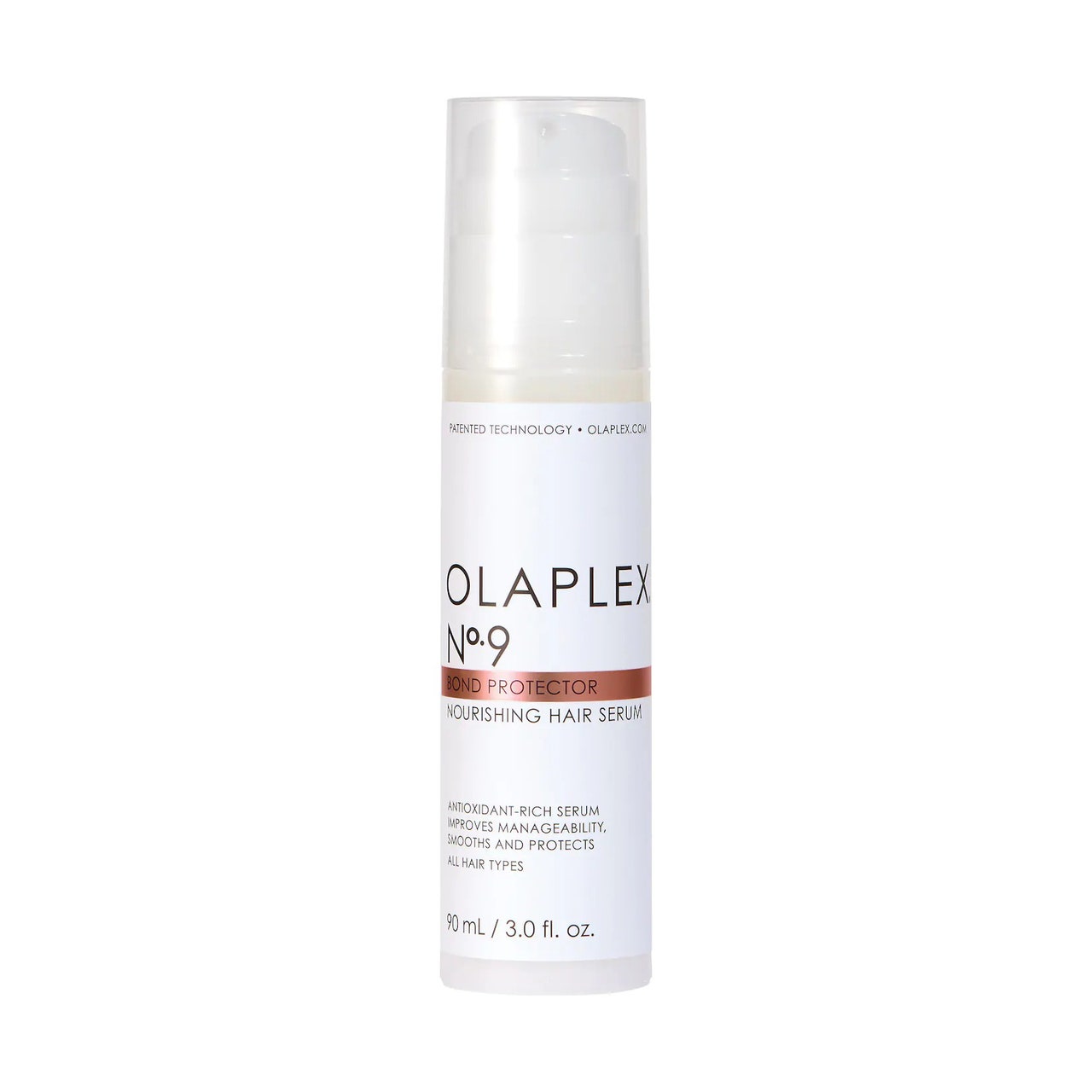 Olaplex Nr. 9 Bond Protector Nourishing Hair Serum weiße Flasche auf weißem Hintergrund