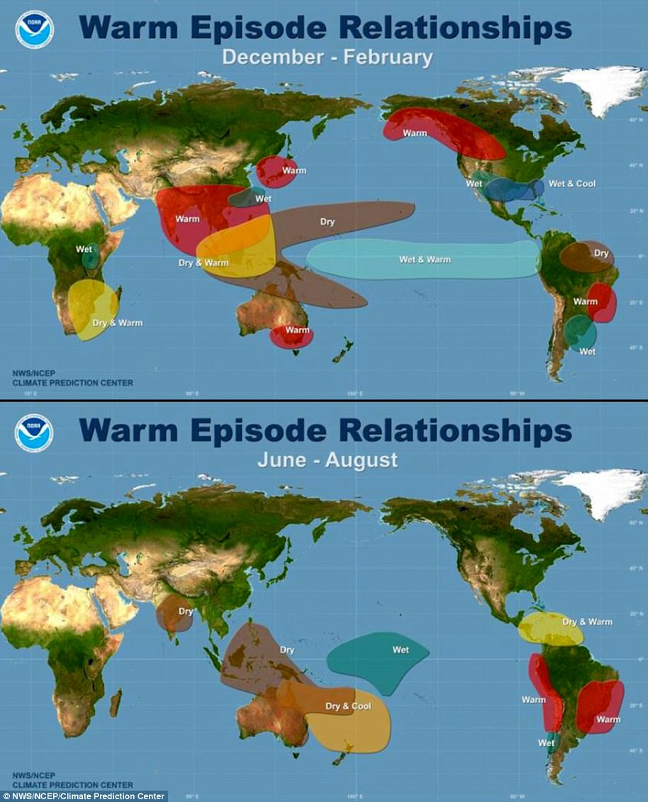 Maps showing the most commonly experienced impacts related to El Niño ('warm episode,' top) and La Niña ('cold episode,' bottom) during the period December to February, when both phenomena tend to be at their strongest