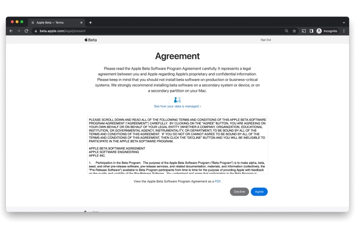 Chrome-Browser zeigt die Vereinbarung zum Apple Beta-Softwareprogramm an.