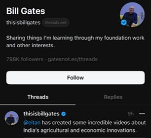 Microsoft-Gründer Bill Gates, dessen philanthropisches Engagement ihn unter Konservativen zu einer umstrittenen Persönlichkeit gemacht hat, nutzt Threads natürlich, um für seinen persönlichen Blog zu werben