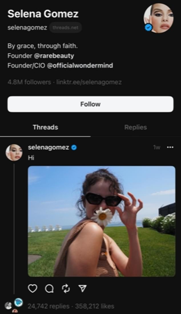 Die Sängerin und Schauspielerin Selena Gomez hat 4,8 Millionen ihrer 66,7 Millionen Twitter-Follower und 426 Millionen Instagram-Follower zu Threads gelockt und kaum mehr als ein kryptisches „Hallo“ zusammen mit einem Selfie gepostet.  Gomez war seit Mai nicht mehr auf Twitter aktiv
