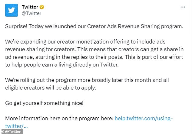 Das neue Programm steht nur zahlenden Twitter Blue-Abonnenten mit einer großen Fangemeinde zur Verfügung, da die Ersteller nachweisen müssen, dass sie in den letzten drei Monaten mindestens fünf Millionen Impressionen für Beiträge erhalten haben
