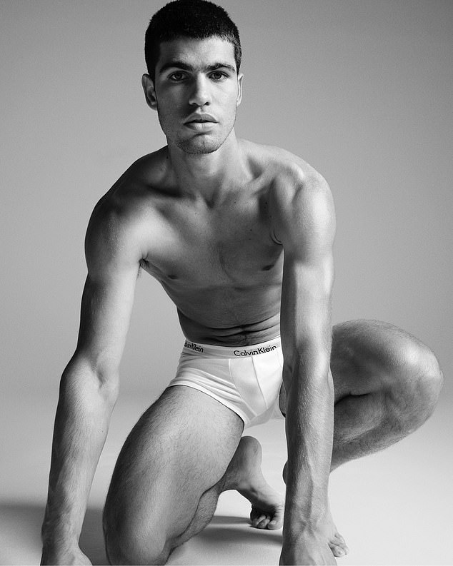In this photo Alcaraz poses in Calvin Klein underwear for a Calvin Klein photoshoot