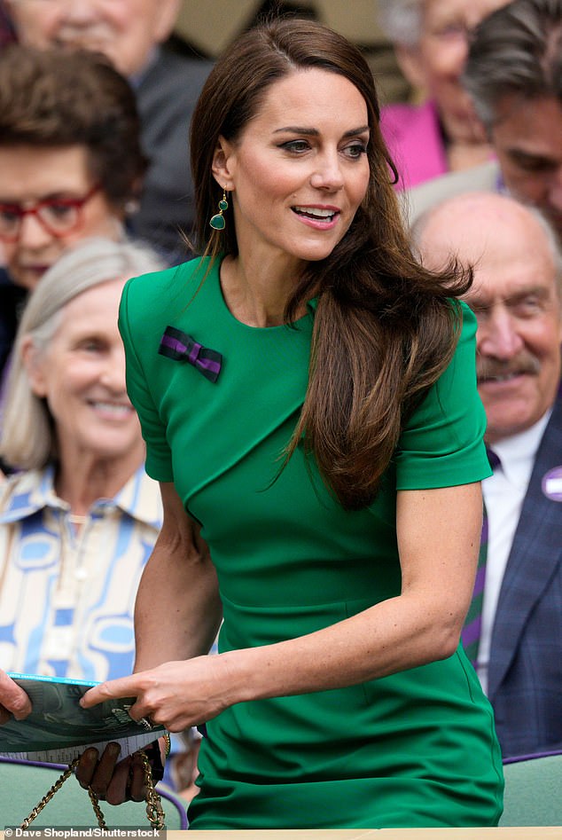 Proving her fashion prowess, Kate, 41, donned an emerald dress from French brand Roland Mouret, priced at £750, alongside a pair of Gianvito Rossi suede heels and an Emmy London clutch in blush, costing £370