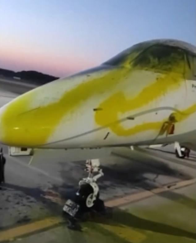 Die Nase des Flugzeugs war mit gelber Farbe bedeckt, wie in dem von Futuro Vegetal geteilten Video zu sehen ist